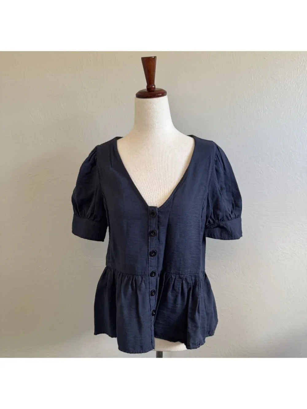 Madewell V-Neck Button-Front Peplum Top Short Puff Sleeve Blouse Blue Size S